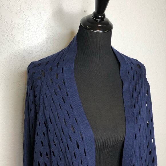 Milly navy blue open circle knit open drape front silk blend cardigan size Small - Picture 2 of 14